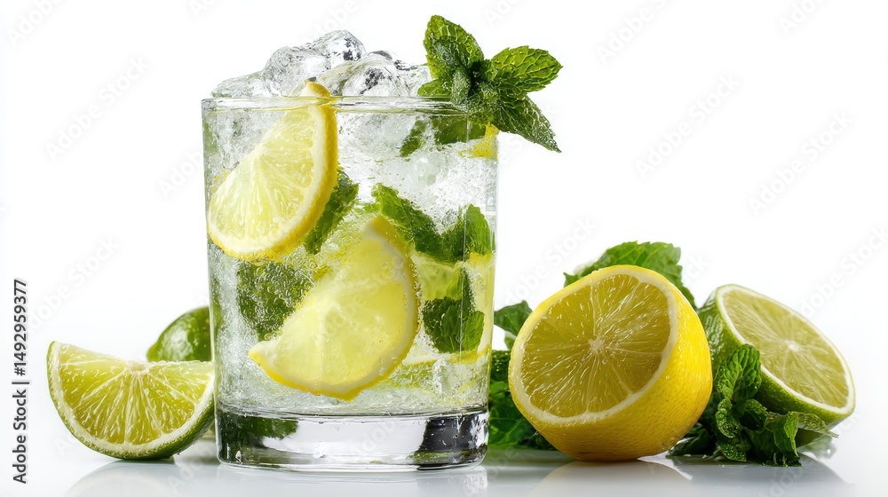 Fresh Sparkling Lemonade with Mint and Ice in a Clear Glass on a White Background Fresh Sparkling Lemonade with Mint and Ice in a Clear Glass on a White Background