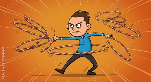 Cartoon character angrily juggling multiple hula hoops on a vibrant background