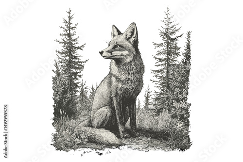 Fox Sitting in Forest, Vintage Line Art, Rustic Wildlife Illustration, Monochrome Engraving, Old Etching Style, Nature Fauna Sketch, interior wall decor, woodland art print