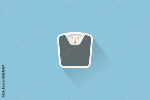 A minimalist flat design illustration of a bathroom scale with a black surface and white border, displayed against a light blue background.