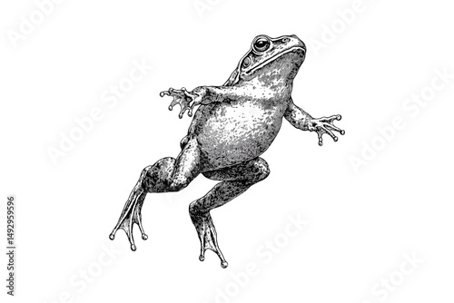 Vintage Wildlife Etching, Frog Jumping Sketch, Hand-drawn Amphibian, Rustic Animal Print, Monochrome Nature Illustration, Old Engraving Style, Nature Fauna Drawing, black and white frog art