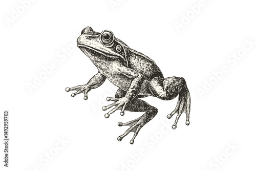 Old Engraving Style Frog Art, Hand-drawn Amphibian Sketch, Monochrome Nature Fauna, Vintage Wildlife Print, Rustic Line Drawing, Black and White Illustration