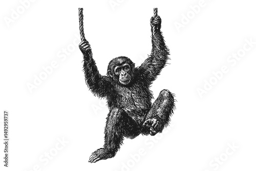 Hand-drawn Gibbon Swinging, Vintage Monochrome Primate Sketch, Old Engraving Style Wildlife, Jungle Wall Art Print, Retro Animal Illustration, antique jungle artwork