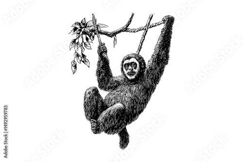 Vintage Primate Line Art, Monochrome Animal Etching, Engraving of Gibbon Swinging, Rustic Fauna Print, Hand-drawn Nature Illustration, Endangered Species Sketch