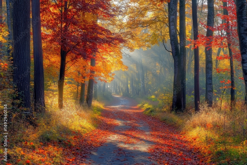 Fototapeta premium Autumn forest path with colorful foliage and sunlight for seasonal backgrounds, nature photography, and scenic wallpapers