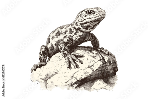 Hand-drawn Wildlife Sketch, Engraving of Gila Monster on Rock, Vintage Reptile Illustration, Retro Etching, Desert Creature, Antique Black Sketch, Trendy Wildlife Art