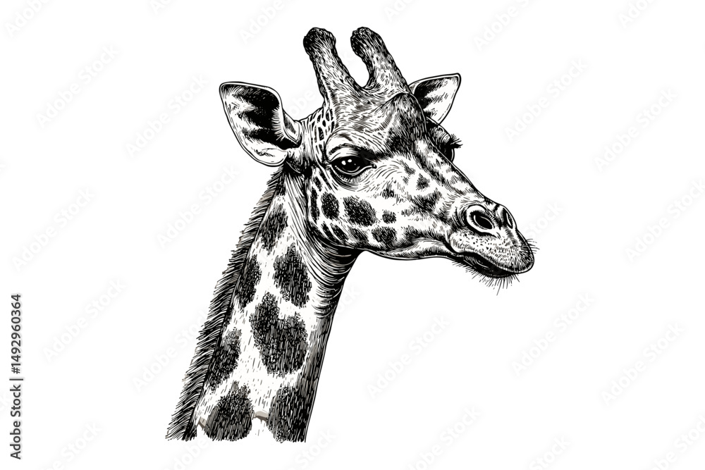 Fototapeta premium Vintage African Animal Illustration, Engraving of Giraffe Head Profile, Antique Wildlife Drawing, Hand-drawn Sketch, Retro Etching, Black Sketch, Old Engraving Style