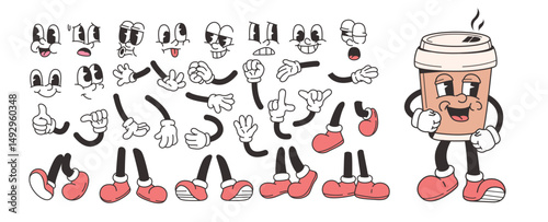 Cartoon coffee cup mascot with various facial expressions, arms, hands, and legs on white background. Concept of character customization. Vector illustration