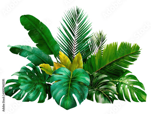 Exotic Green Foliage: A vibrant composition of lush, tropical leaves, showcasing a spectrum of greens, textures, and shapes, evoking the essence of the jungle's raw beauty.
