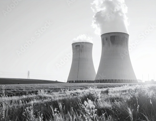 Cooling towers with emissions in a black and white landscape