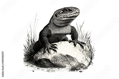 Engraving of Gila Monster on Rock, Retro Etching, Hand-drawn Wildlife Sketch, Antique Style Black Sketch, Vintage Reptile Illustration, Desert Creature