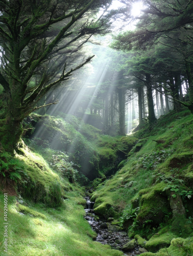 Obraz premium Sunbeams filtering through canopy in lush green forest, low angle view, nature scene, tranquility, Oregon