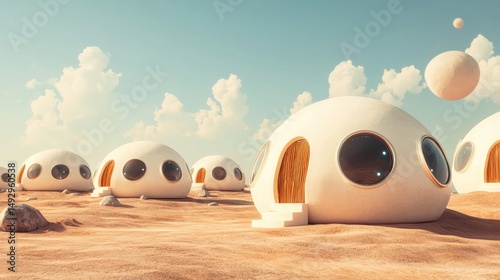 Futuristic dome houses with large circular windows are set on a sandy, desert-like landscape under a bright sky with fluffy clouds.