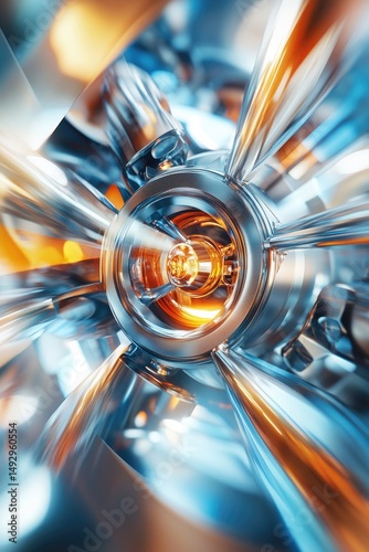 Abstract metallic core with glowing center, radiating energy
