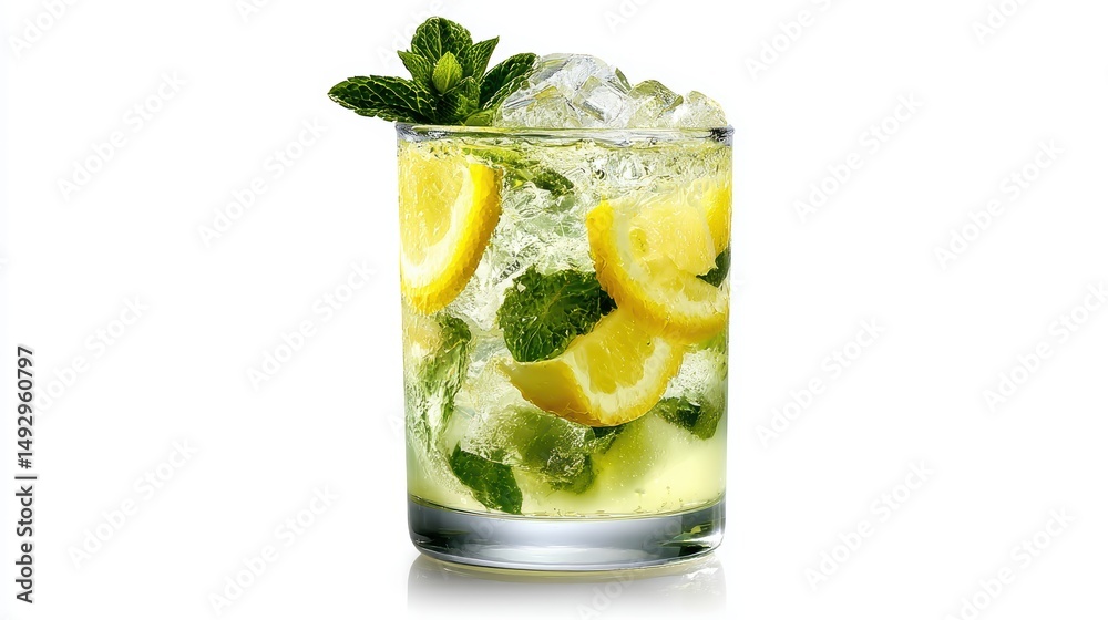 Fototapeta premium Refreshing Lemon Mint Drink with Ice Cubes and Fresh Ingredients in a Clear Glass
