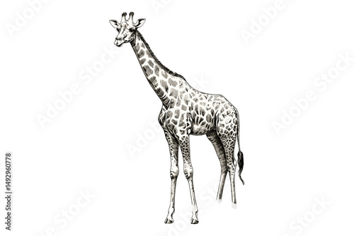 Giraffe Walking Engraving, Vintage Animal Illustration, Hand-drawn Safari Wildlife, Monochrome Jungle Decor Art, Black Sketch, Etching Style, Animal Prints