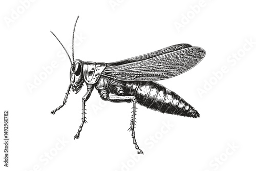 Grasshopper Resting on Leaf, Hand-drawn Vintage Insect Sketch, Monochrome Wildlife Art, Old Etching Style Illustration, Garden Nature Drawing