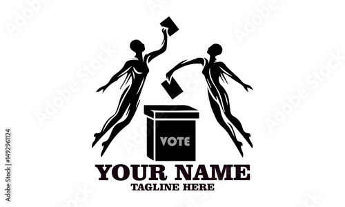 Illustration of two people voting while jumping in energetic pose on yellow background. Civic engagement concept, vote vector illustration and vote logo icon