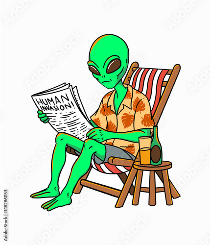 alien in holiday read newspaper with beer in the beach chair