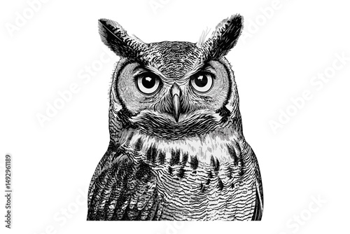 Hand-drawn Great Horned Owl, Vintage Forest Bird Sketch in Retro Etching Style, Monochrome Animal Illustration, detailed owl drawing, wildlife black and white art