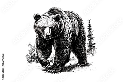 Vintage Grizzly Bear Walking, Monochrome Hand-drawn Mammal, Etching Style Forest Animal, Trendy Wildlife Art, Rustic Home Decor, nature wall art