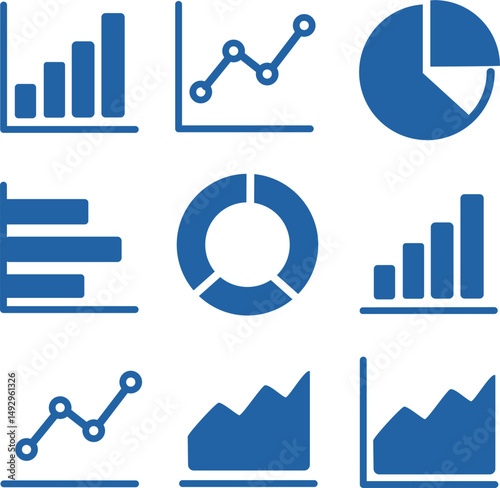 set of web icons Set of 9 chart vector illustrations containing bar charts, line charts and pie charts on white background.	