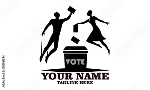 Illustration of two people voting while jumping in energetic pose on yellow background. Civic engagement concept, vote vector illustration and vote logo icon