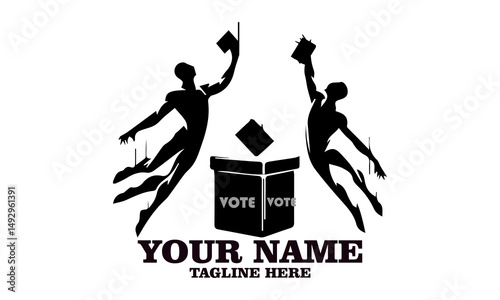 Illustration of two people voting while jumping in energetic pose on yellow background. Civic engagement concept, vote vector illustration and vote logo icon