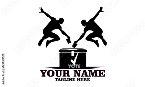 Illustration of two people voting while jumping in energetic pose on yellow background. Civic engagement concept, vote vector illustration and vote logo icon