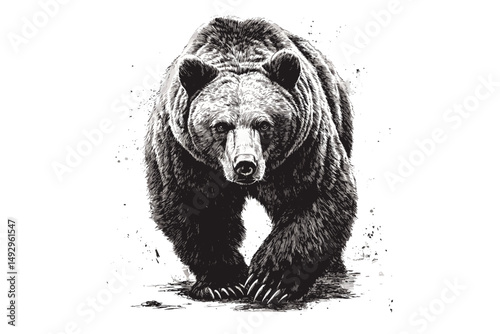 Grizzly Bear Engraving, Vintage Wilderness Illustration, Hand-drawn Forest Animal, Black Sketch in Old Etching Style, Wildlife Art Print, Rustic Cabin Wall Decor
