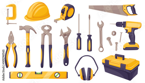 Set of construction and repair tools including drill, hammer, pliers, helmet, and toolbox in cartoon style on white background. Concept of work tools. Vector illustration