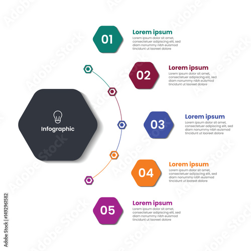5 Step Hexagon Infographic Template with Central Icon