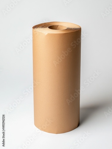 Brown kraft paper roll standing upright on white background