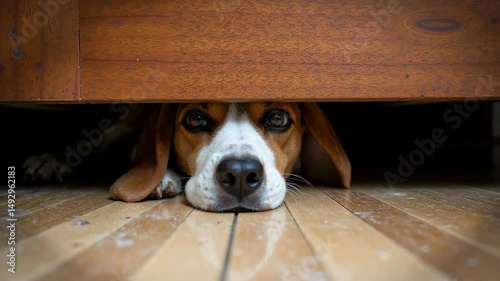 Beagle dog looking under a bed