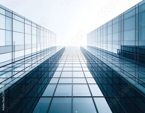 Modern glass skyscrapers reaching towards the sky in urban environment