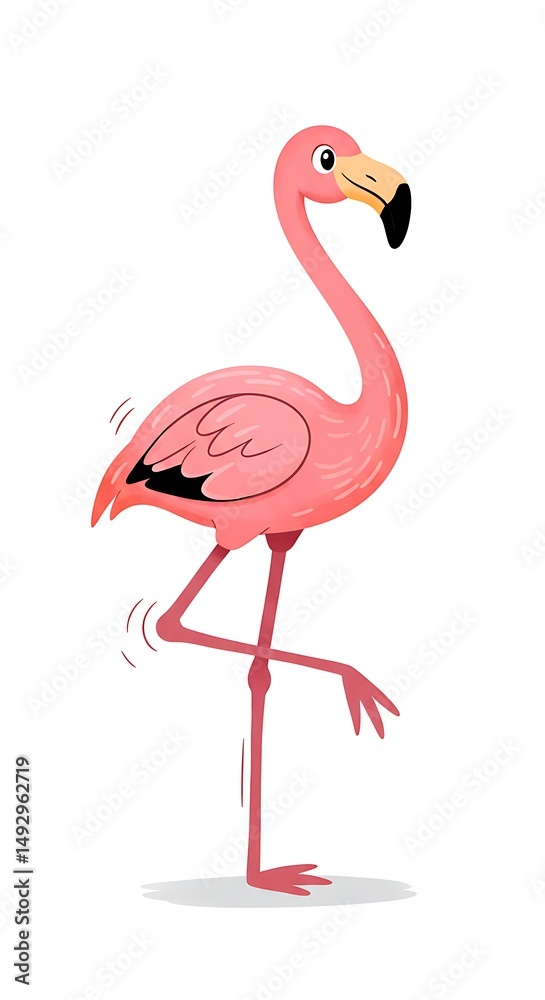 Obraz premium Cartoon flamingo gracefully stands on one leg