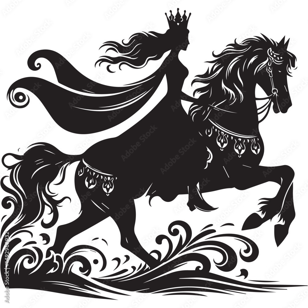 Obraz premium silhouette of a princess riding a horse, editable vector image