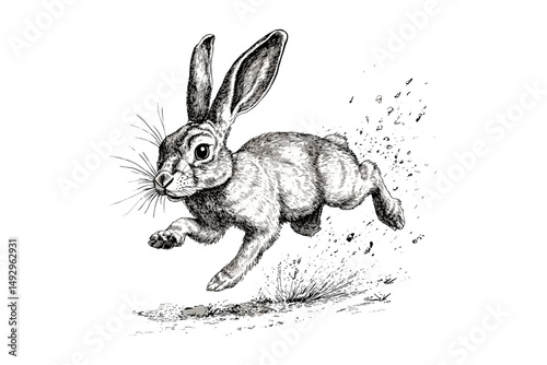 Vintage Animal Etching, Jackrabbit Mid-Run, Hand-drawn Desert Mammal Illustration, Monochrome Retro Wildlife Sketch, Trendy Black Sketch, Old Engraving Style, Unique Wall Art