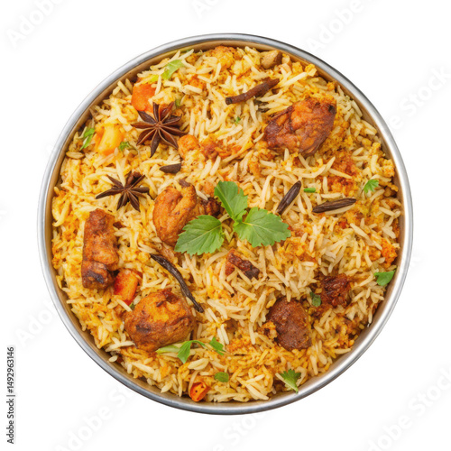 Delicious Chicken Biryani in Silver Bowl with Star Anise on Transparent Background