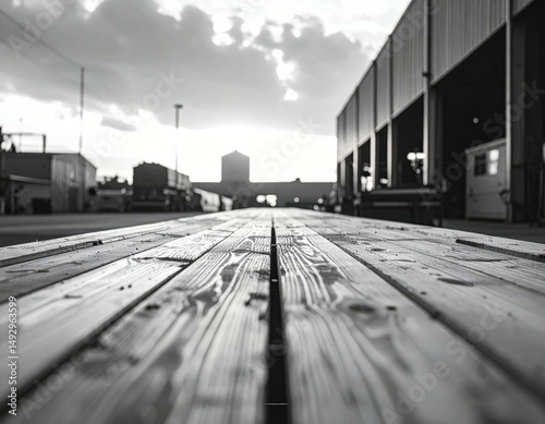 Wooden plank walkway with industrial structures in background under cloudy sky
