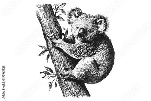 Hand-drawn Koala Engraving, Monochrome Illustration of Mammal on Tree, Trendy Vintage Wildlife Sketch, Retro Australian Fauna Art, Black and White Etching