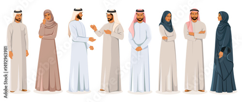 Group of Arab men and women in traditional attire standing and interacting, flat cartoon style on white background. Concept of Middle Eastern culture. Vector illustration
