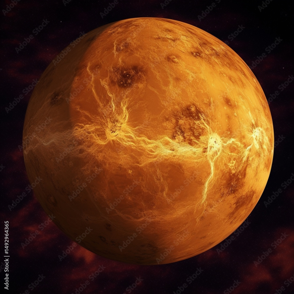 Fototapeta premium Mars like red planet with dark black space surrounding close up of planet