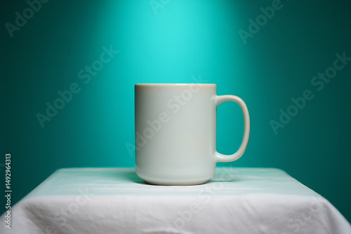 White Mug Teal Background Minimalist