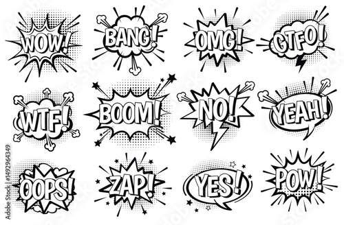 Comic-style speech bubble with bold text expressions like WOW, BOOM, GTFO, OMG, YES, NO and WTF. Perfect for retro pop art design. Includes multiple speech bubbles in black and white. Speech box set. 