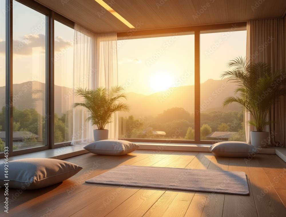 Fototapeta premium Minimalist room with floor cushions, potted plants, and large windows overlooking a serene sunrise and mountain landscape.