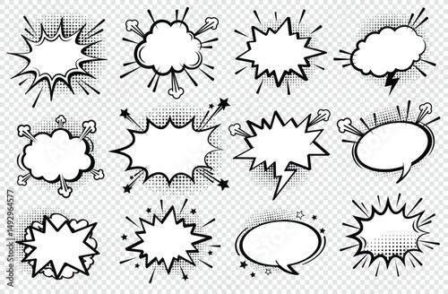 Big comic speech bubble set in bold black and white style. Perfect for retro design, dynamic comics, and pop art projects. Includes various unique speech bubble shapes and expressive speech bubbles.