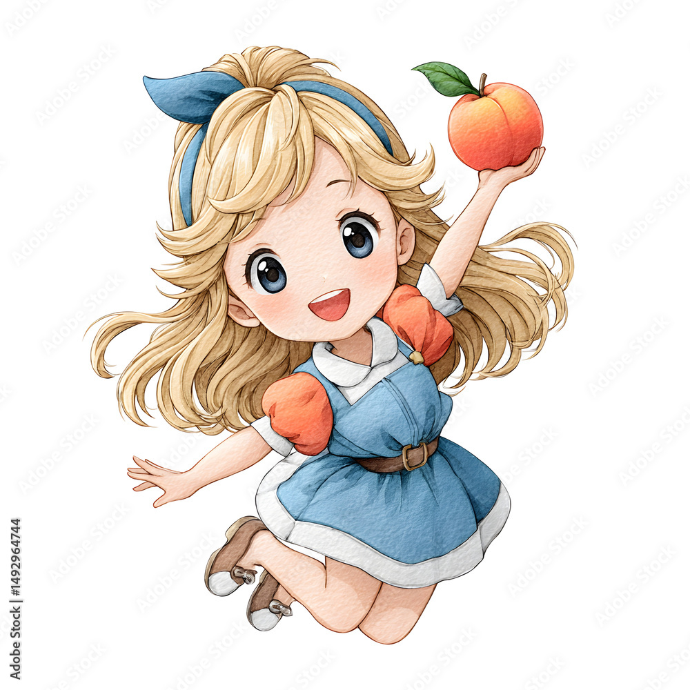 Fototapeta premium Watercolor Clip Art Cheerful animated girl with blonde hair, wearing a blue dress, playfully holding an orange, perfect for playful themes or children's content. Isolated on white background or PNG