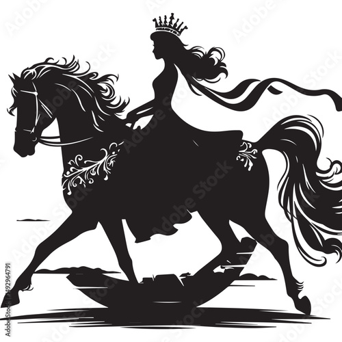 silhouette of a princess riding a horse, editable vector image