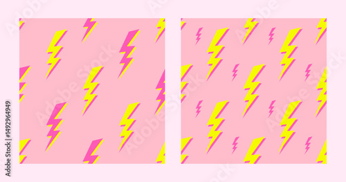 Lightning colorful seamless patterns set on a pink background. Flat style design.Vector illustration for web and print.